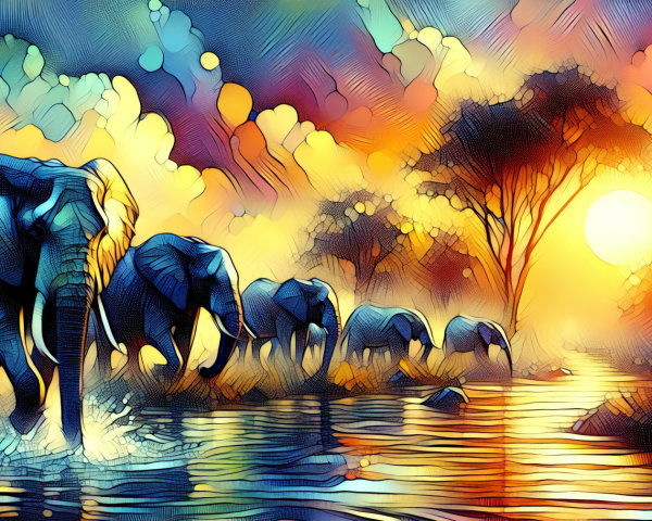 Vibrant Sunset Over Elephants in Serene Landscape