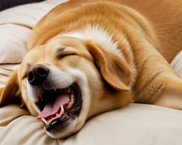 Golden Retriever Relaxing on Cream Bed