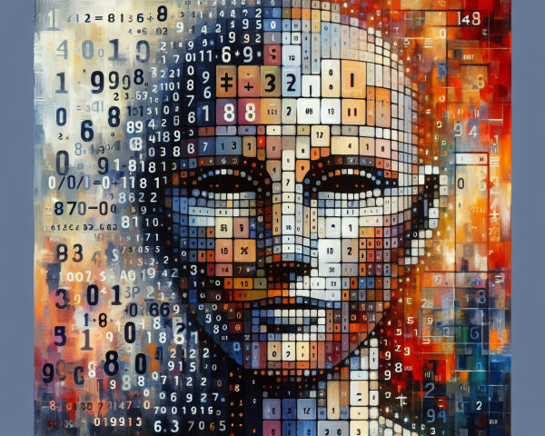 Abstract Mosaic of a Human Face with Numbers and Symbols