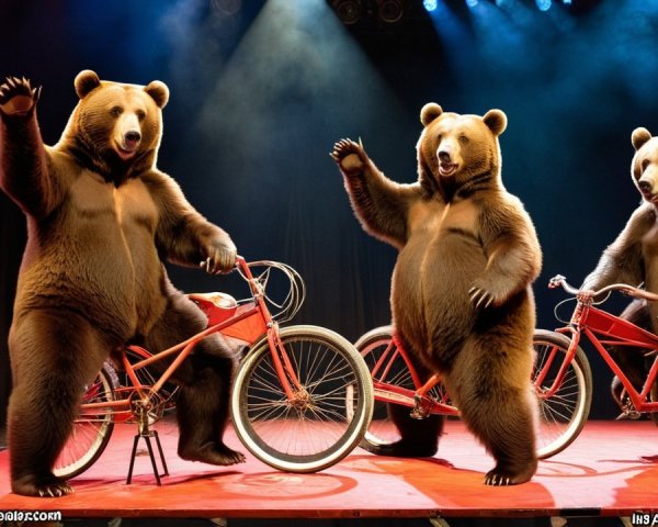 Bears Riding Red Bicycles in a Circus Performance