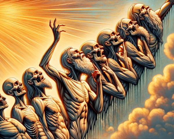 Skeletal Figures Ascending Towards Radiant Light