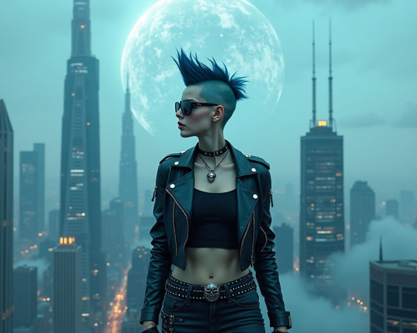 Punk-Inspired Figure on Skyscraper in Futuristic City