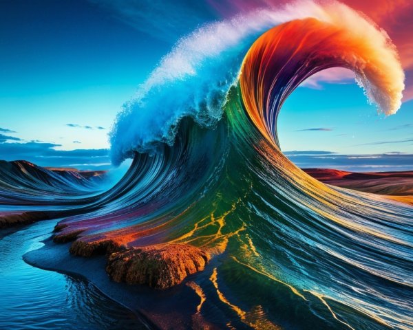 Vibrant Sunset Wave with Reflective Patterns and Landscape
