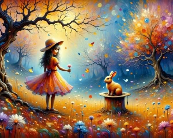 Autumn Landscape with Girl, Rabbit, and Colorful Foliage