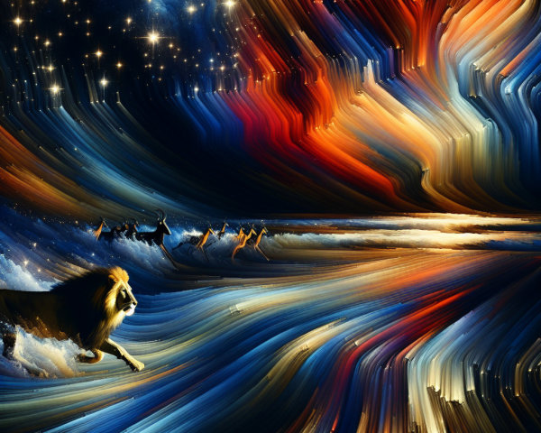 Cosmic Landscape with a Lion and Animal Silhouettes