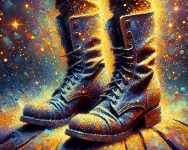Rugged Black Combat Boots Against Cosmic Background