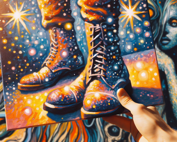 Vibrant Painting of Boots Against Abstract Mural