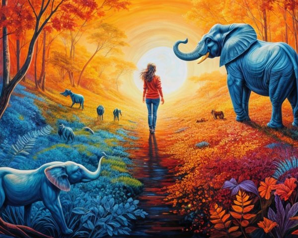 Surreal Landscape with Woman and Elephants in Nature