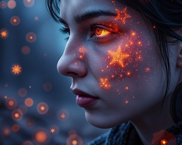 Close-up of a woman with orange eyes and star patterns