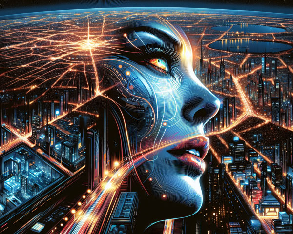Futuristic Cybernetic Woman Overlooks Illuminated City