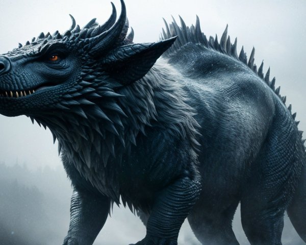 Mythical Creature in Misty Landscape with Scaly Skin