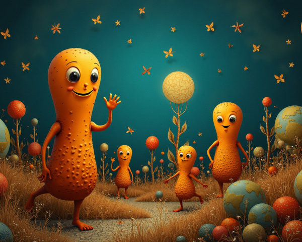 Colorful Landscape with Playful Characters and Butterflies