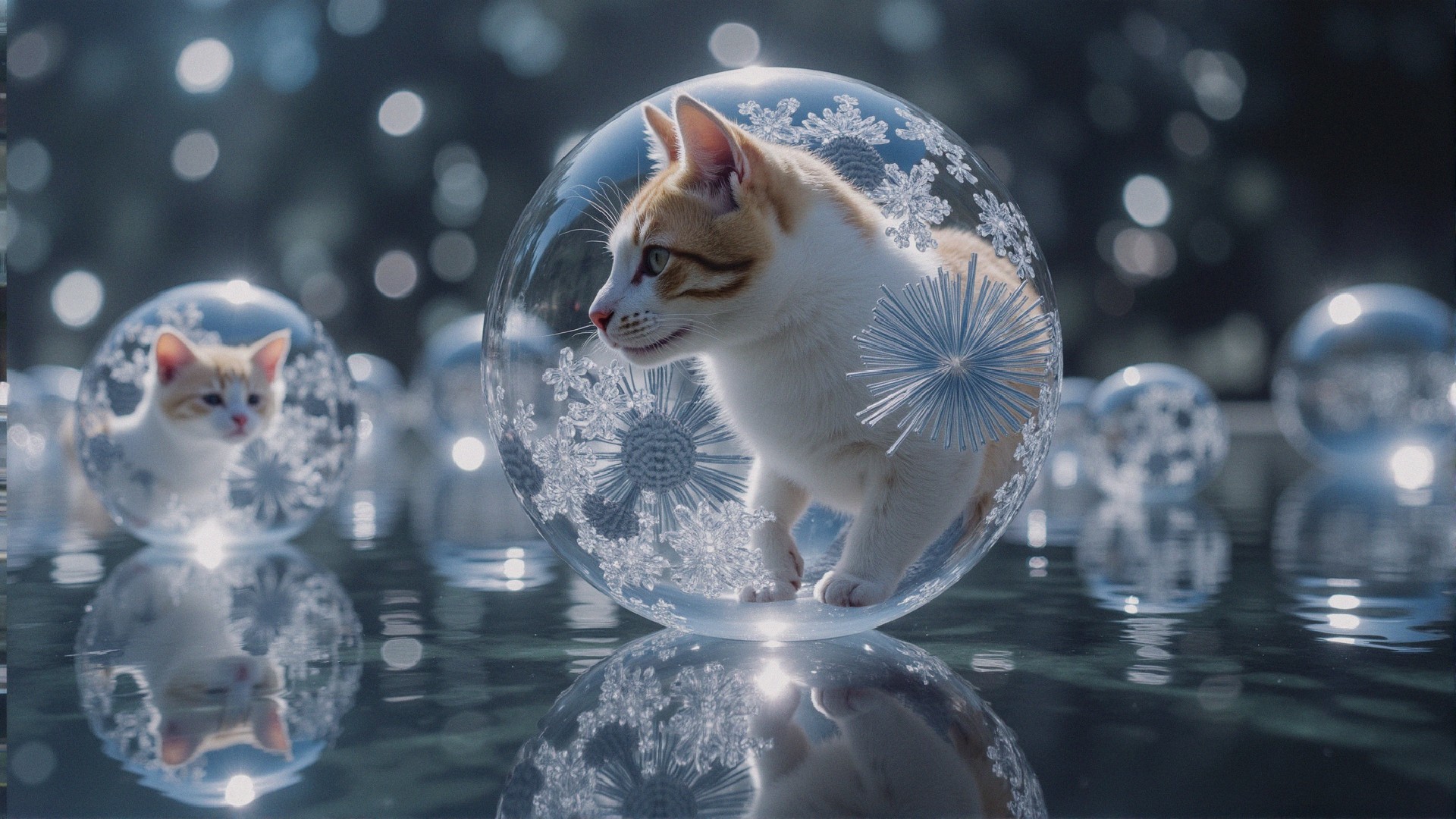 Playful Cats in Glass Ornaments with Snowflake Patterns