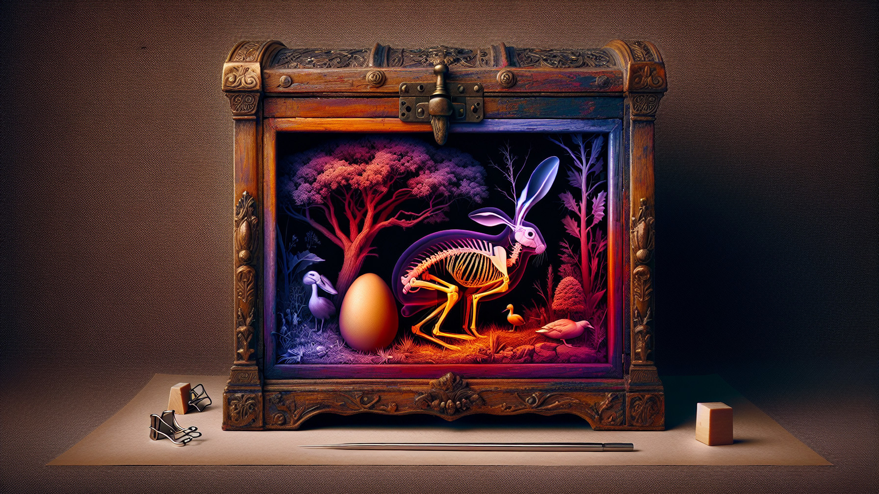Intricately Decorated Wooden Chest with Vibrant Scene