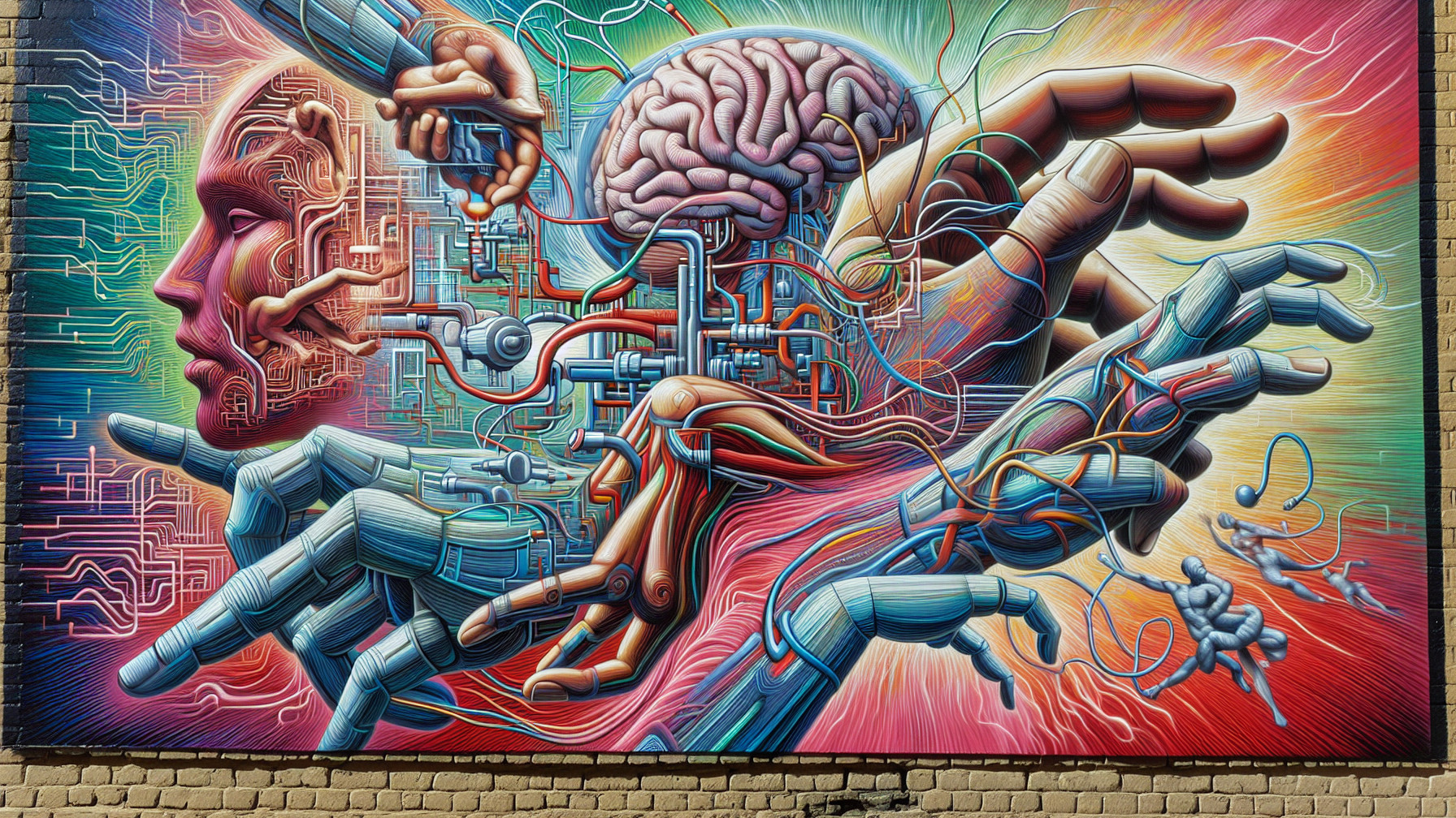 Vibrant Mural of Human Head and Circuitry Elements