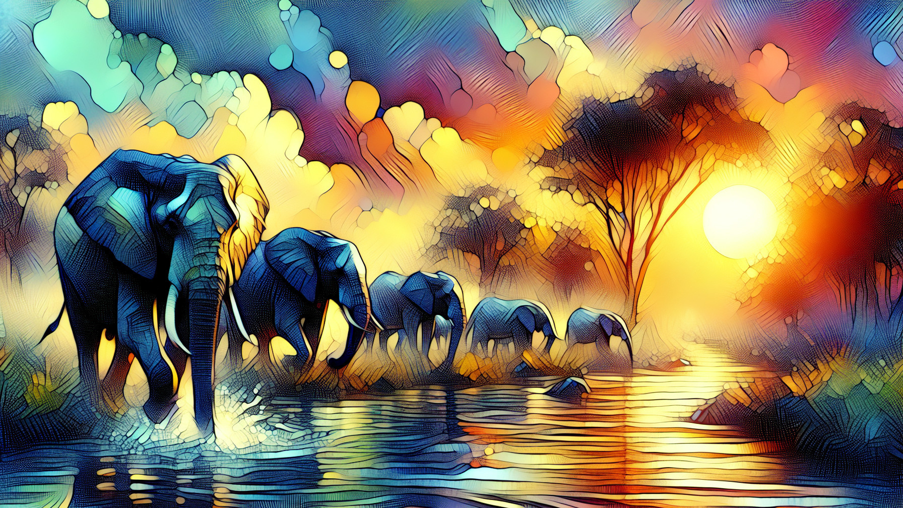 Vibrant Sunset Over Elephants in Serene Landscape