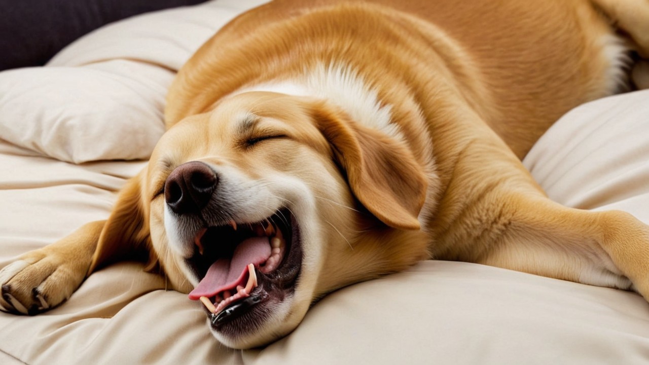 Golden Retriever Relaxing on Cream Bed