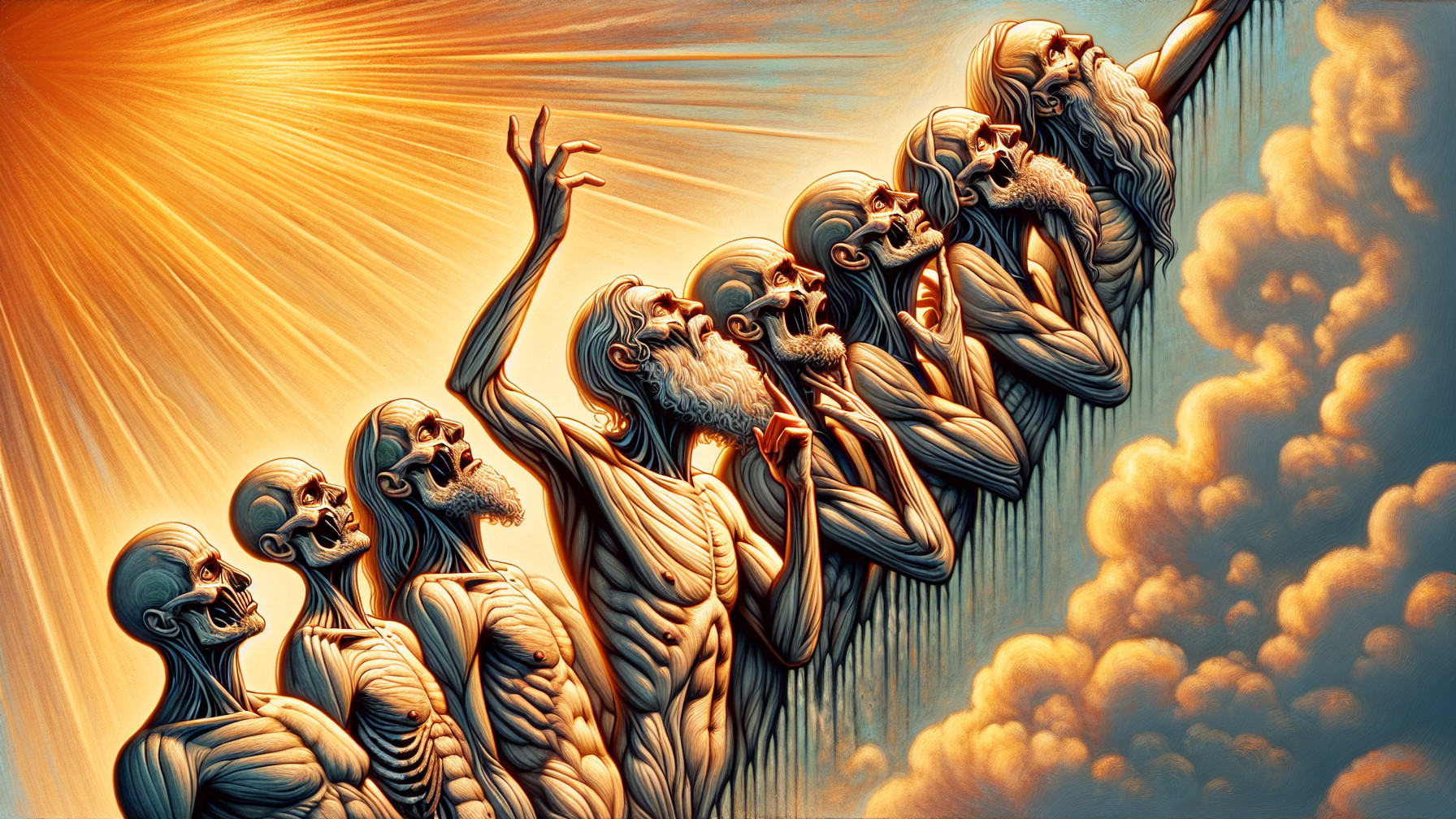 Skeletal Figures Ascending Towards Radiant Light