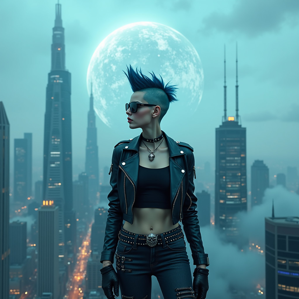 Punk-Inspired Figure on Skyscraper in Futuristic City