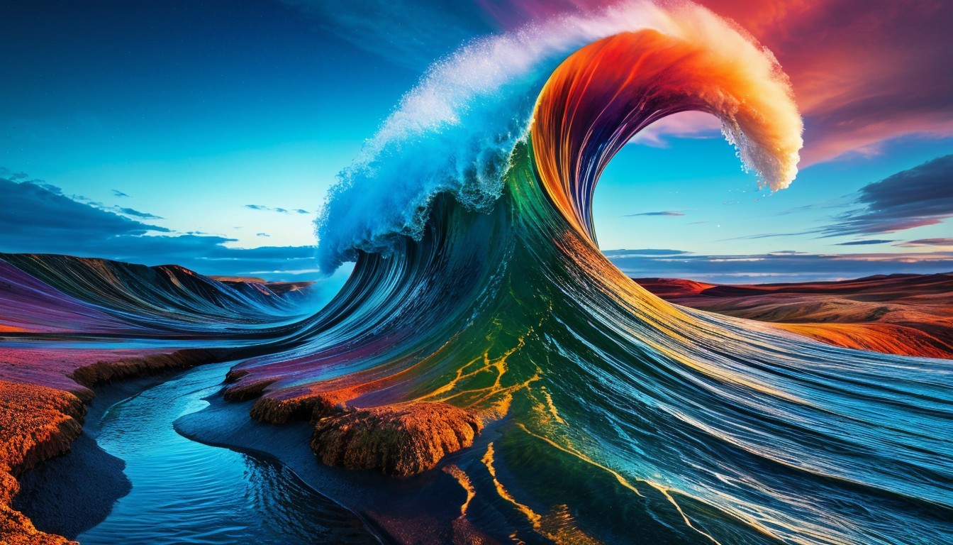 Vibrant Sunset Wave with Reflective Patterns and Landscape