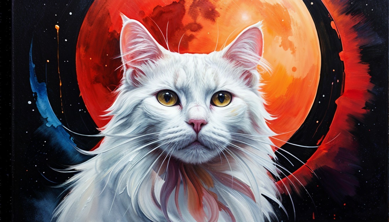 Majestic White Cat with Golden Eyes and Red Planet