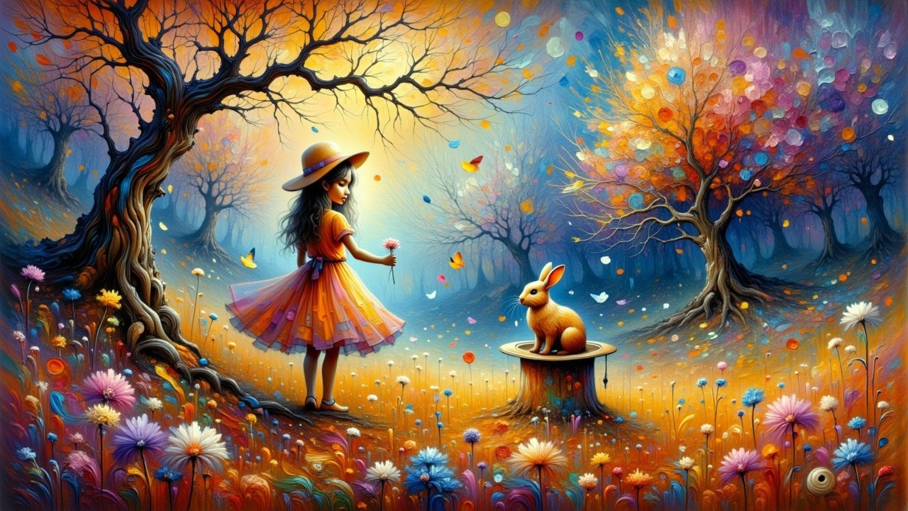 Autumn Landscape with Girl, Rabbit, and Colorful Foliage