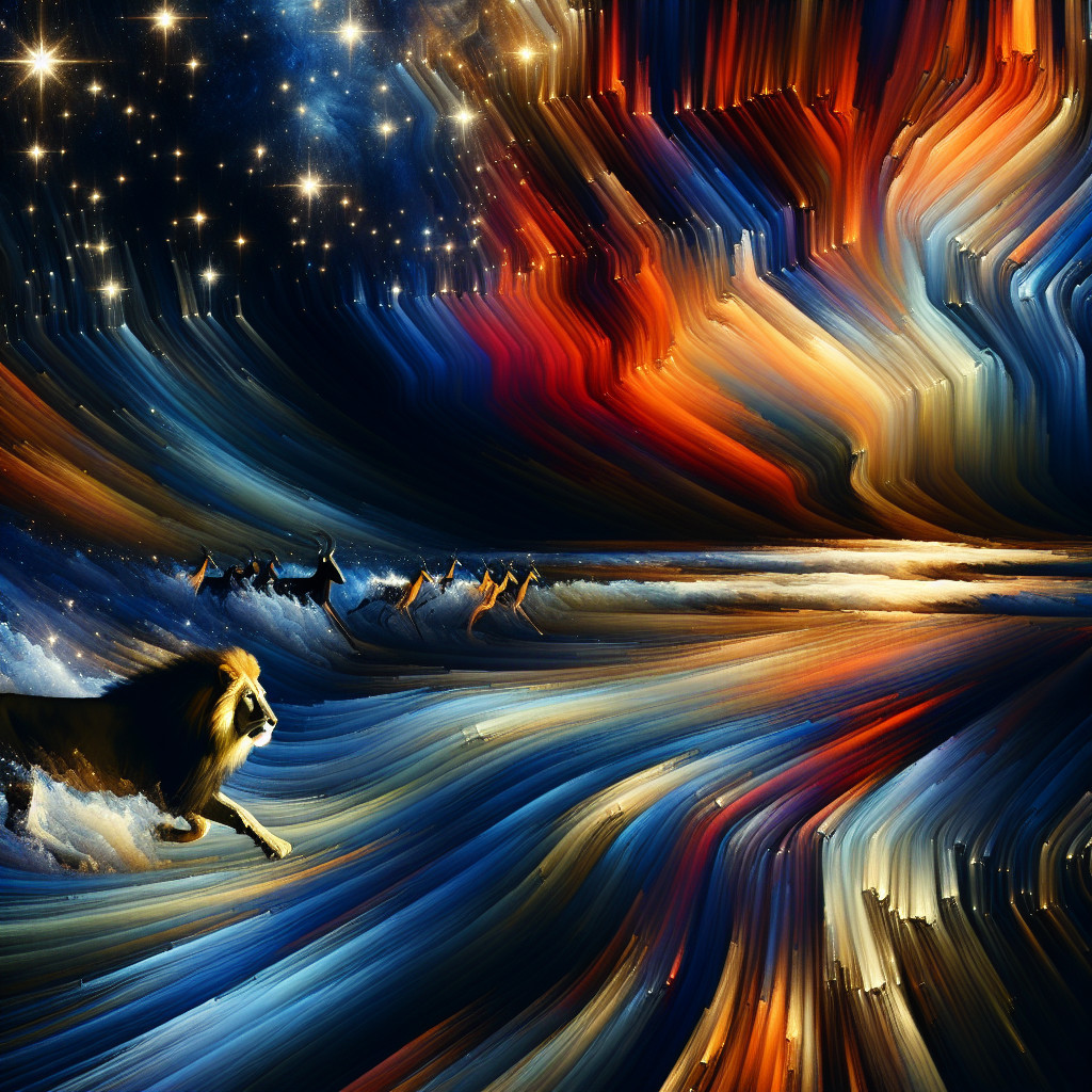 Cosmic Landscape with a Lion and Animal Silhouettes