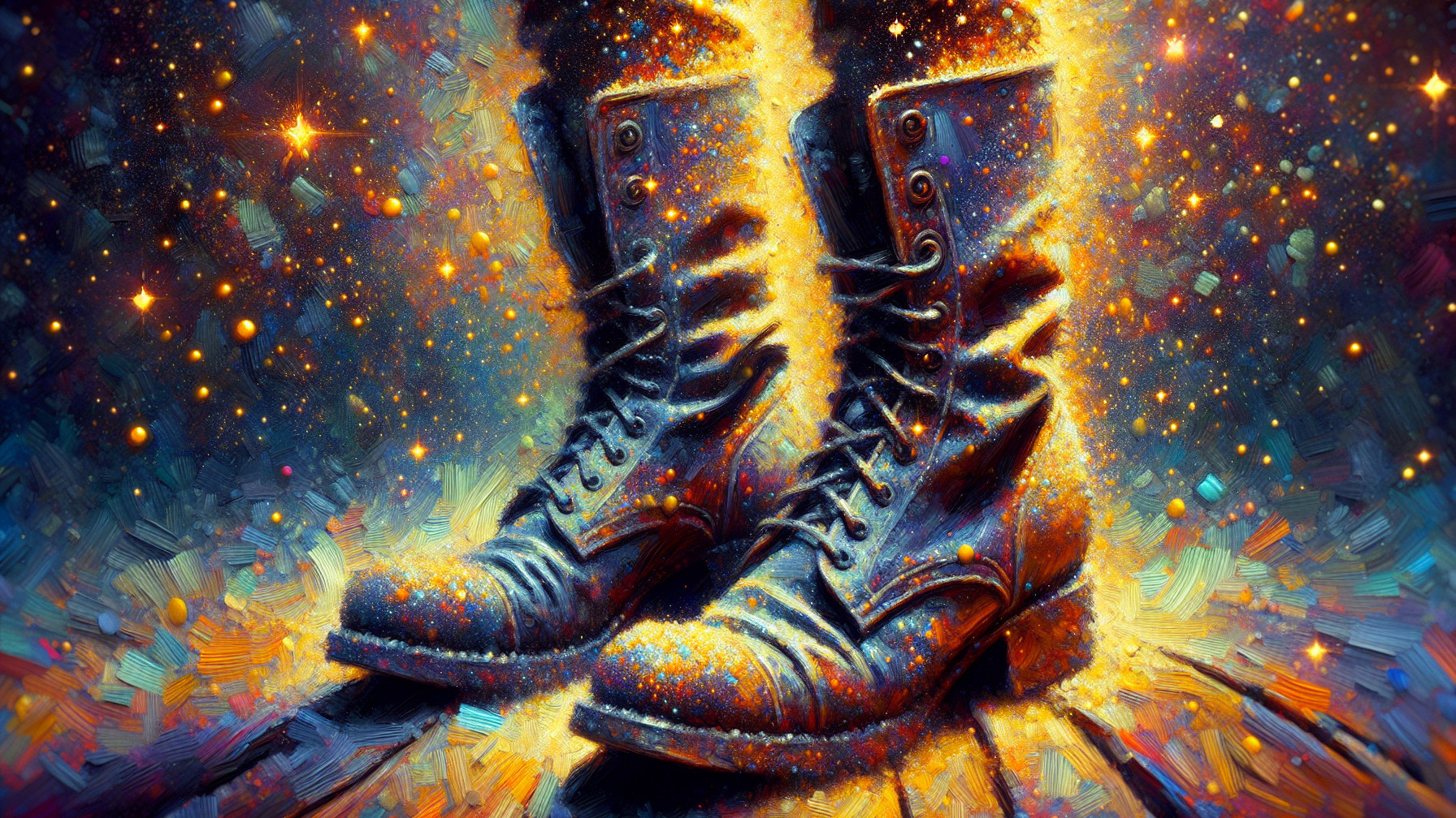 Rugged Black Combat Boots Against Cosmic Background
