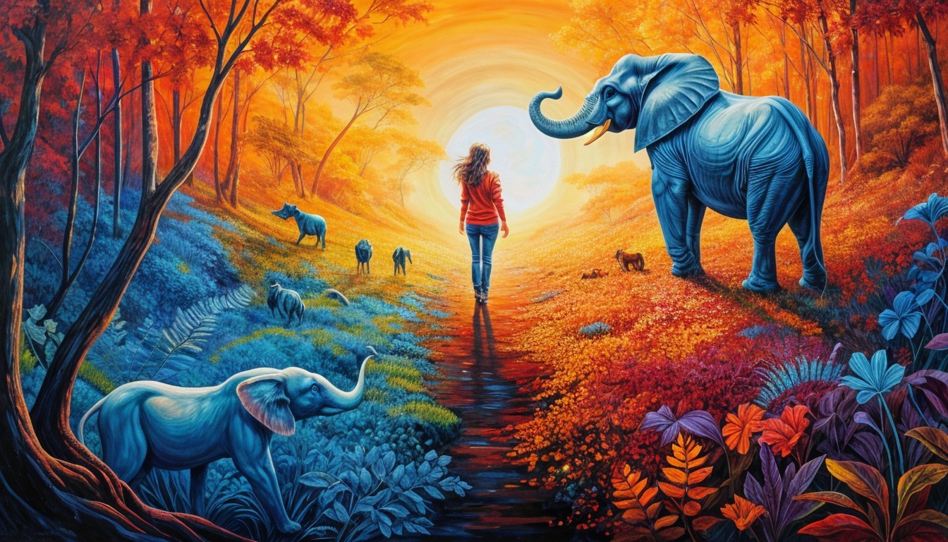 Surreal Landscape with Woman and Elephants in Nature