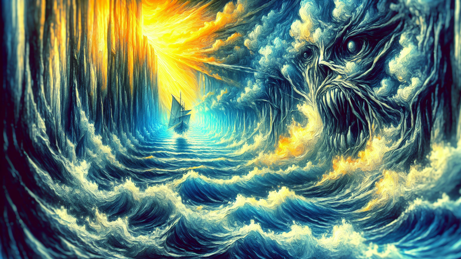 Dramatic seascape with turbulent waves and dark clouds
