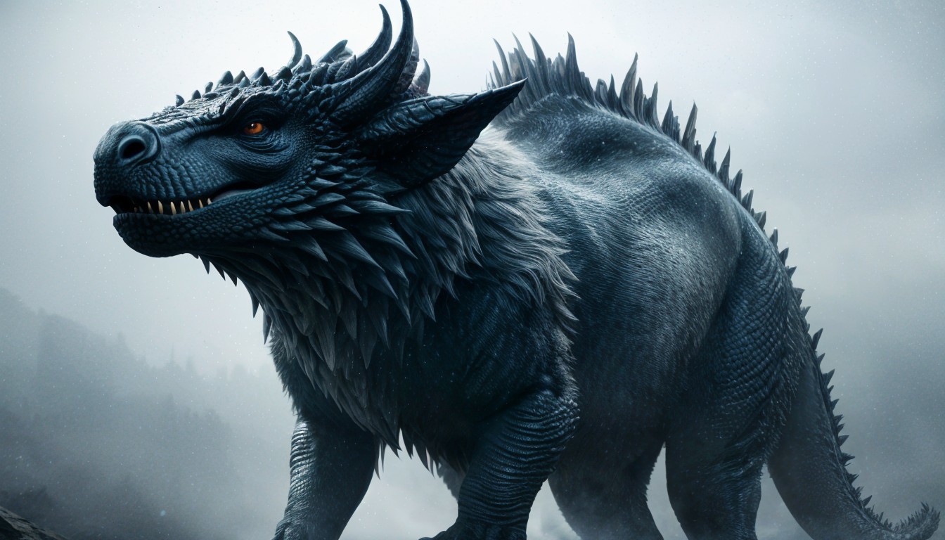 Mythical Creature in Misty Landscape with Scaly Skin