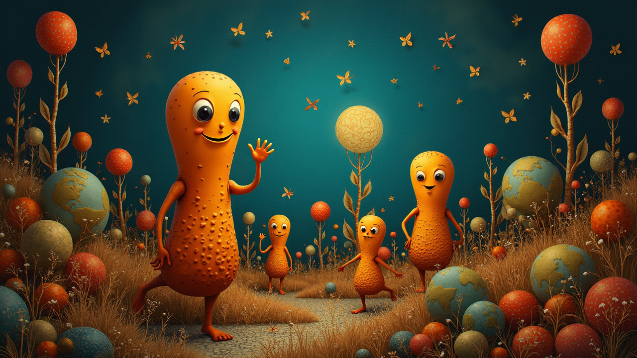 Colorful Landscape with Playful Characters and Butterflies