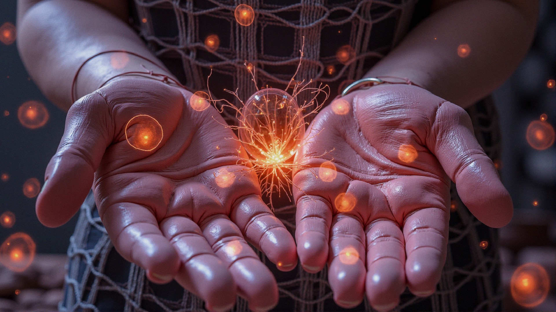 Glowing Orb Held by Hands with Sparkling Energy