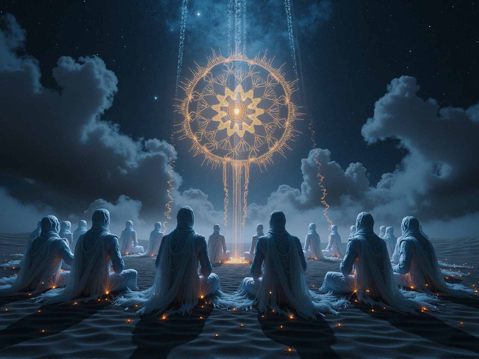 Cloaked Figures in Circle Under Radiant Mandala at Night