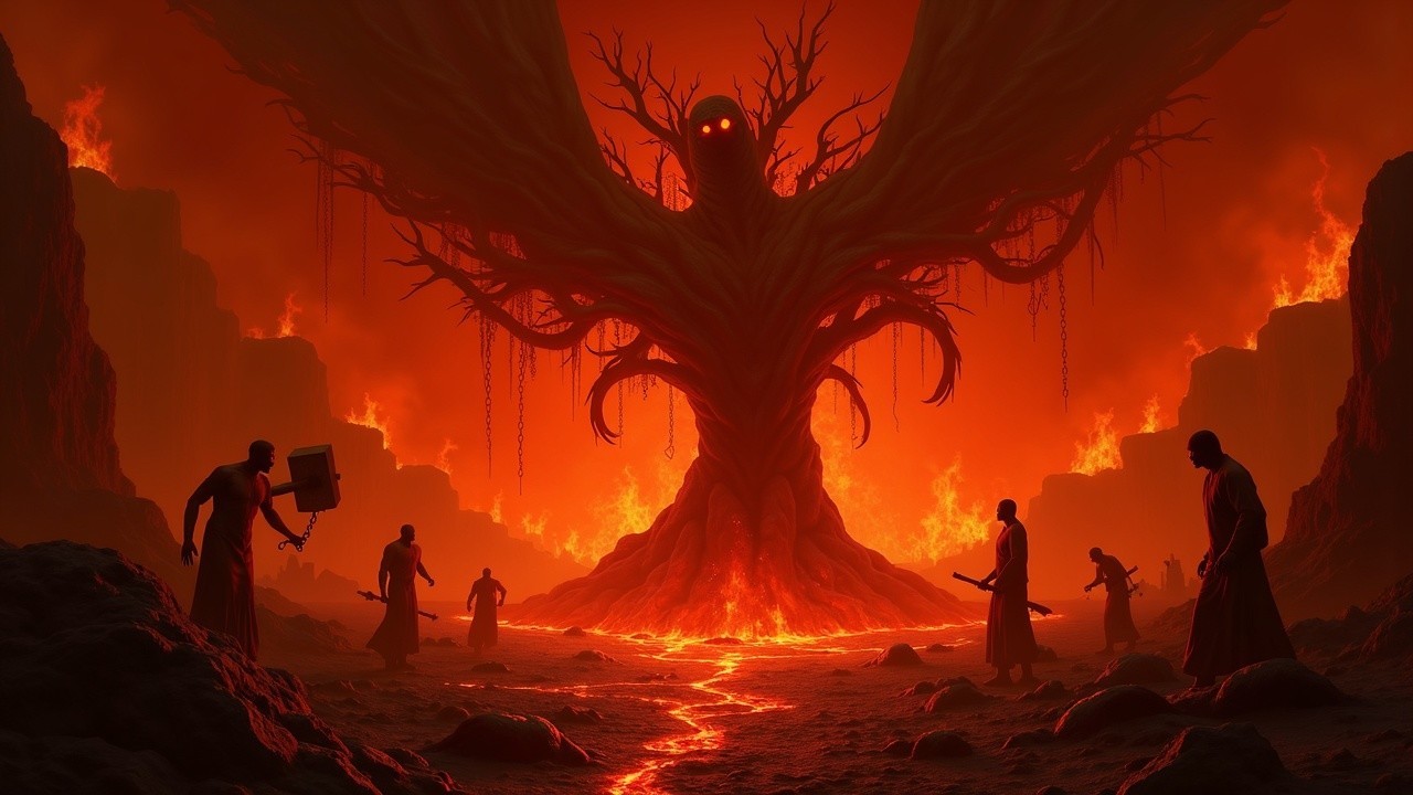 Colossal Tree Figure in Fiery Hellscape Setting