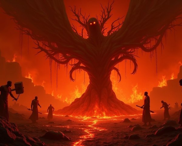 Colossal Tree Figure in Fiery Hellscape Setting