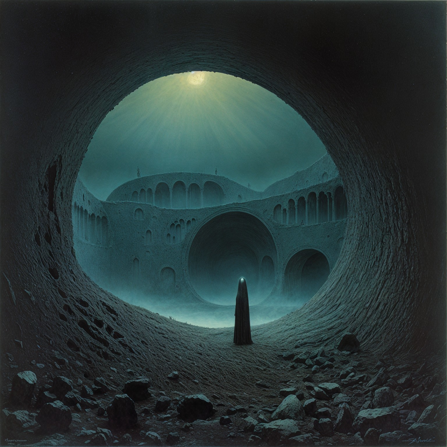 Cavernous Space with Ethereal Light and Shadows