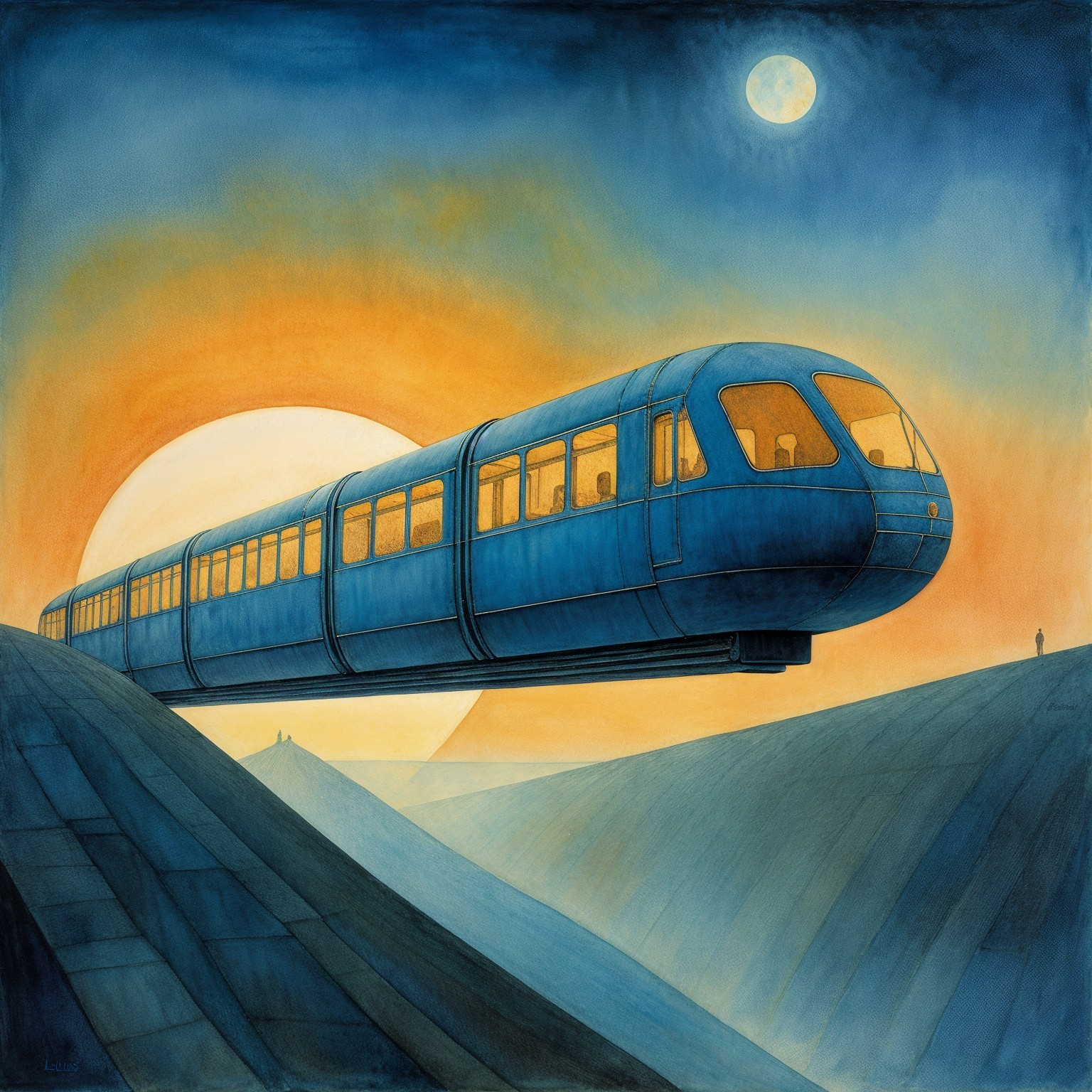 Futuristic Blue Train Above Dramatic Sunset Landscape
