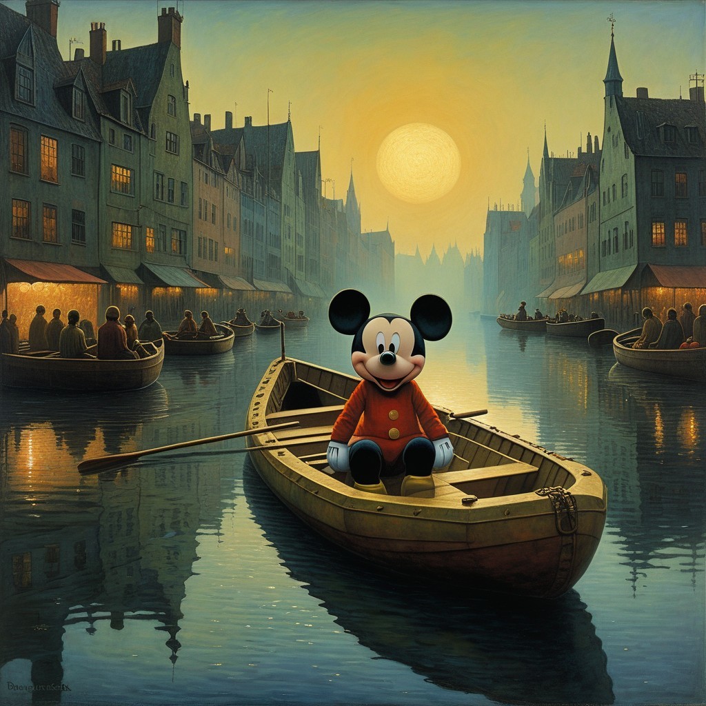 Cartoon Mouse in Rowboat on Tranquil River Scene