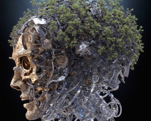 Surreal Sculpture of Human Head with Metal Gears and Trees