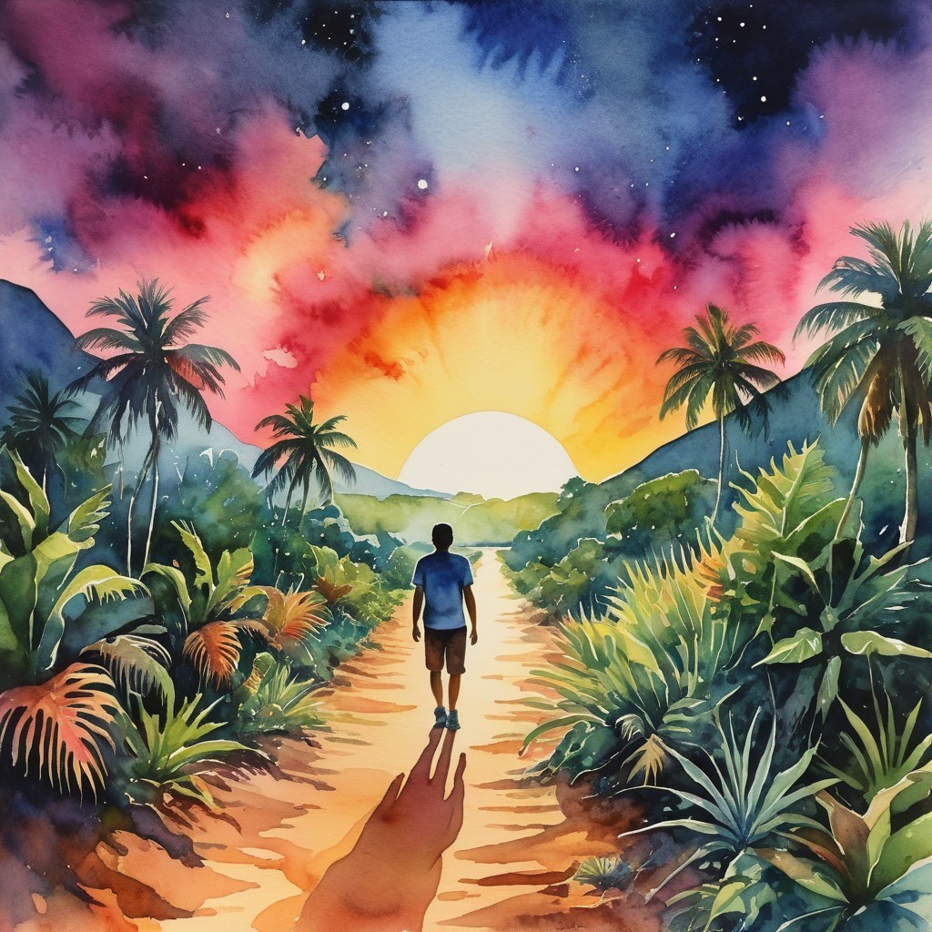 Tranquil Watercolor of Sunset Pathway and Palm Trees