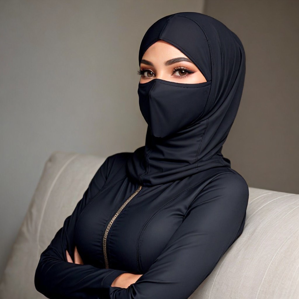 Confident Woman in Black Outfit on Light Sofa