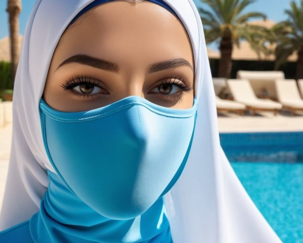 Woman in blue hijab by luxurious poolside setting