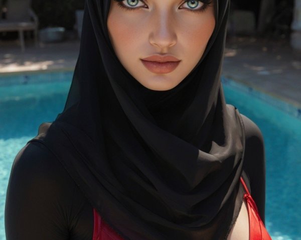 Portrait of Woman in Hijab and Swimsuit by Poolside