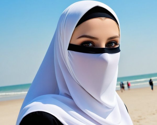 Young woman in white hijab at serene beach scene