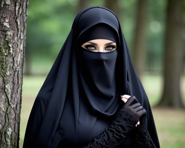 Woman in Black Hijab and Niqab by Lush Green Tree