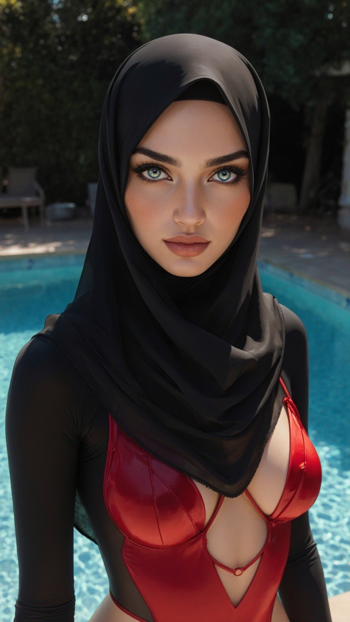 Portrait of Woman in Hijab and Swimsuit by Poolside