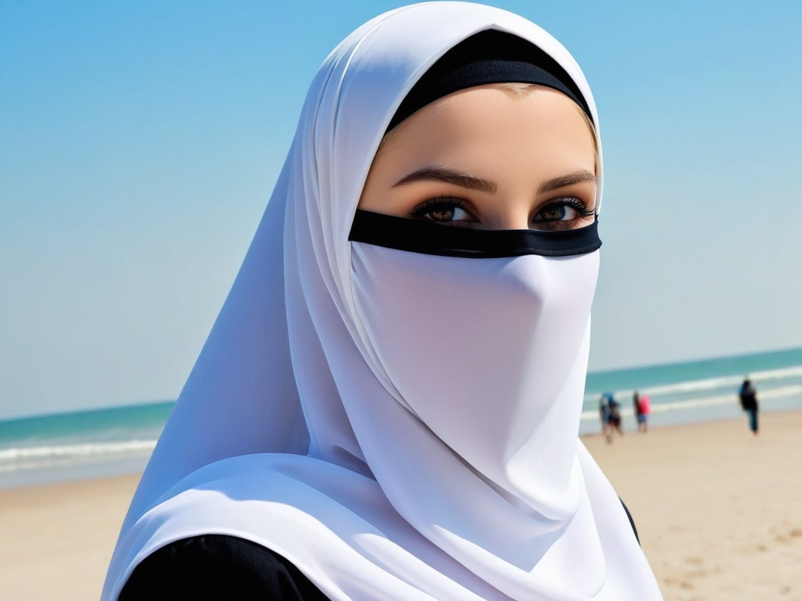Young woman in white hijab at serene beach scene