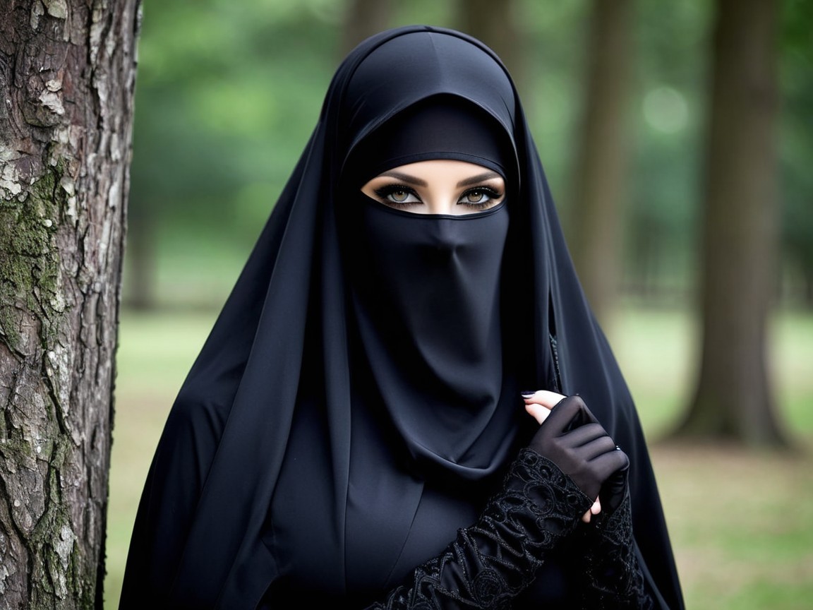 Woman in Black Hijab and Niqab by Lush Green Tree