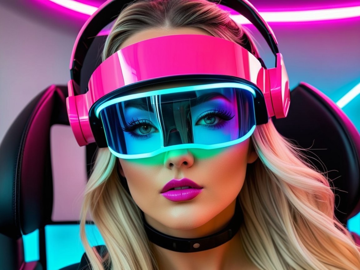 Young woman in VR goggles with neon lights backdrop